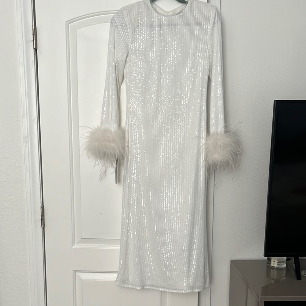 NWT White Sequin Dress with Feather Cuffs